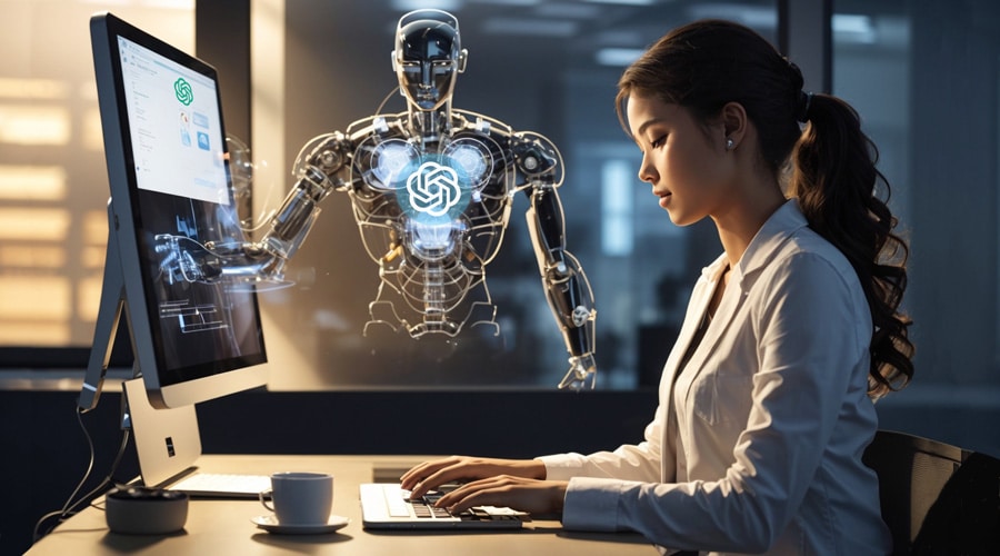 Femme qui rédige un prompt ChatGPT devant son ordinateur avec un robot virtuel en soutient.